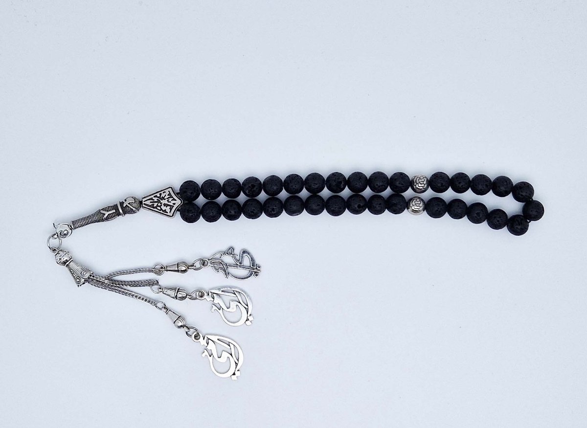 Handgemaakte tesbih "tasbih" natuursteen " Lava Donker " - Aantal kralen 33 - Diameter kralen 8 MM - met metaal tassel "model 1" - Een mooi cadeau-idee