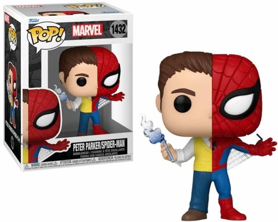 Peter Parker/Spider-Man Funko Pop #1432 met gespleten gezicht, de ene helft Peter Parker, de andere Spider-Man.