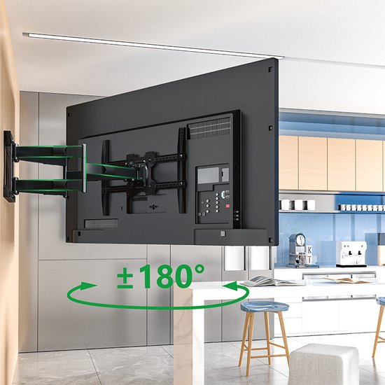 Support TV noir avec une télévision murale dans une cuisine. Rotation possible à 180 degrés.