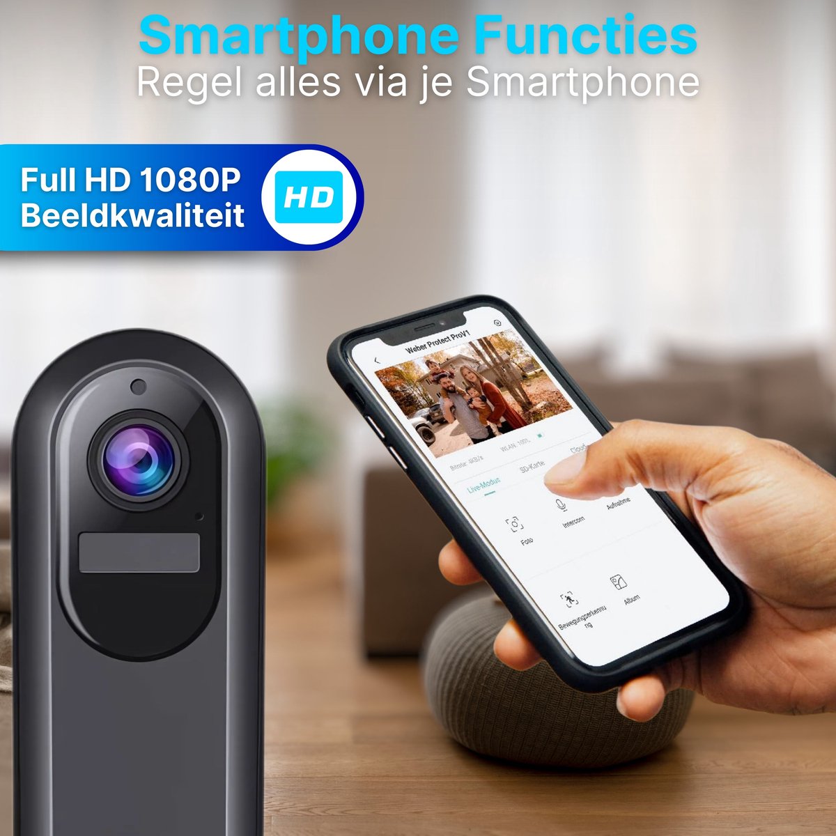 Afbeelding 2 van HB Video Deurbel met Camera WiFi - Draadloos op Accu met 2K Ultra HD Full HD Camera - Slimme Deurbel Inclusief Binnenbel & SD kaart (32GB) - Waterdichte Deurbel - Zwart - T Ring