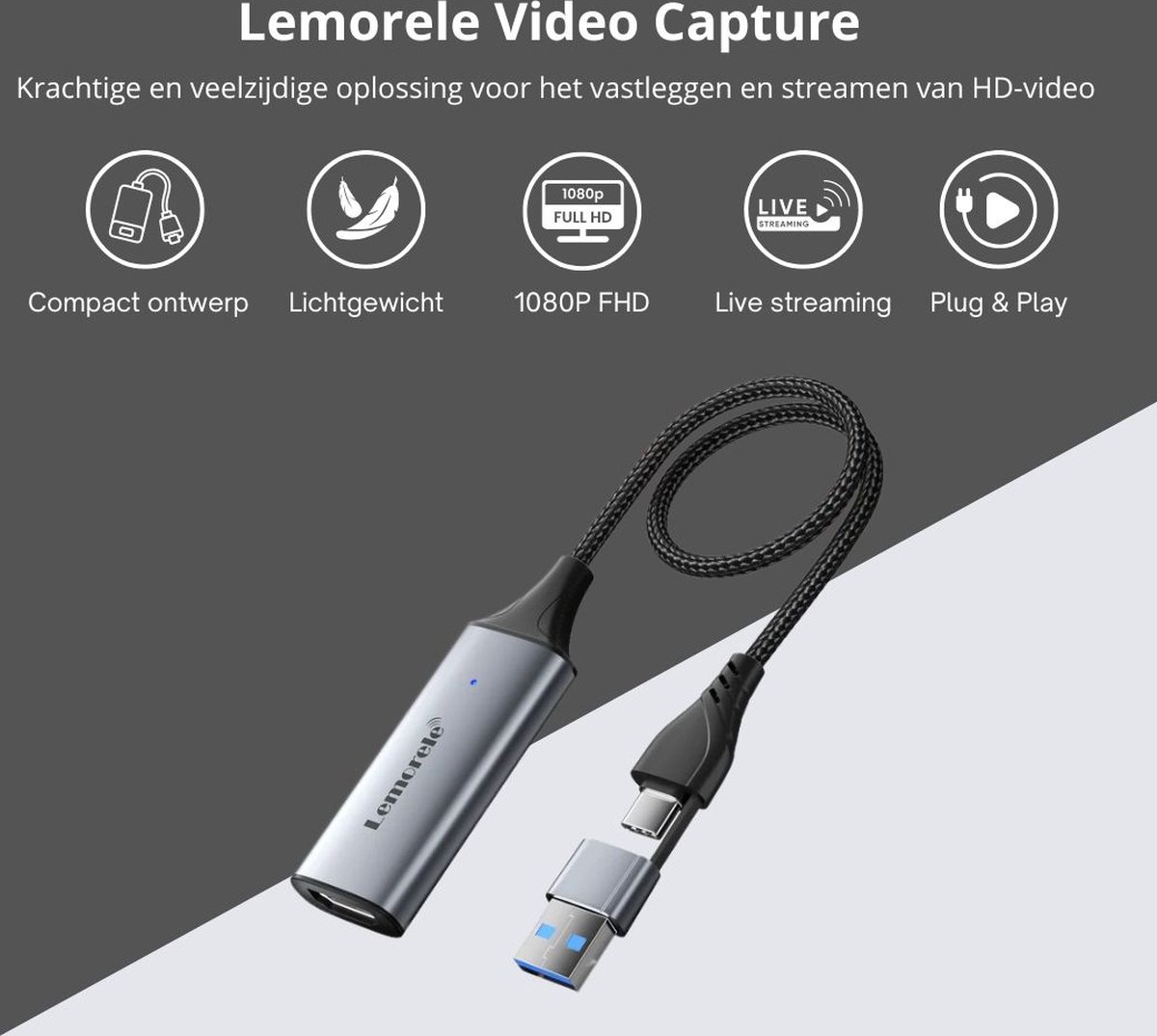 Lemorele AC05 – Video Capture Card – 1080P@60Hz – HDMI naar USB – USB-A & USB-C – Plug & Play – Aluminium Behuizing – Voor OBS/Streaming – Windows/Mac/Linux/Android thumbnail 3