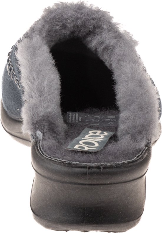 Vue arrière d'une mule pantoufle bleu foncé avec doublure en fourrure grise et un petit talon noir.