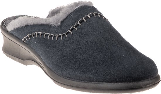 Mule pantoufle bleu foncé avec doublure en fourrure grise et coutures décoratives.