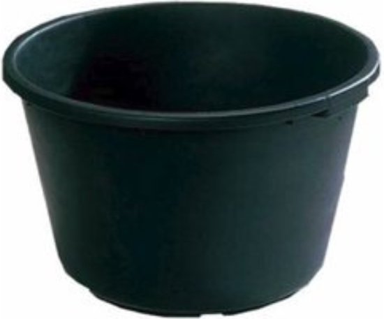 Zwarte, ronde kuip van kunststof, 65 liter, diameter 60 cm, hoogte 34 cm.
