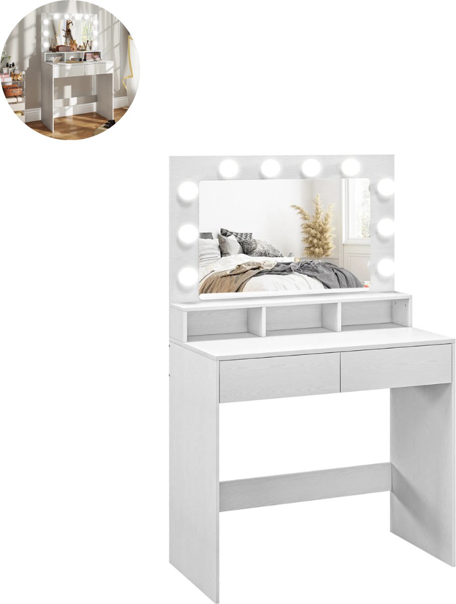 GranMaison Kaptafel met spiegel - Make up tafel - Make up - Toilettafel - Met lades - 80B x 40D x 135H cm - Wit