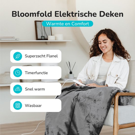 Bloomfold Elektrische Deken - 180 x 160 cm - Wasmachinebestendig - 2 Persoons - 9 Standen - Met Timer - Warmtedeken - Grijs/flannel