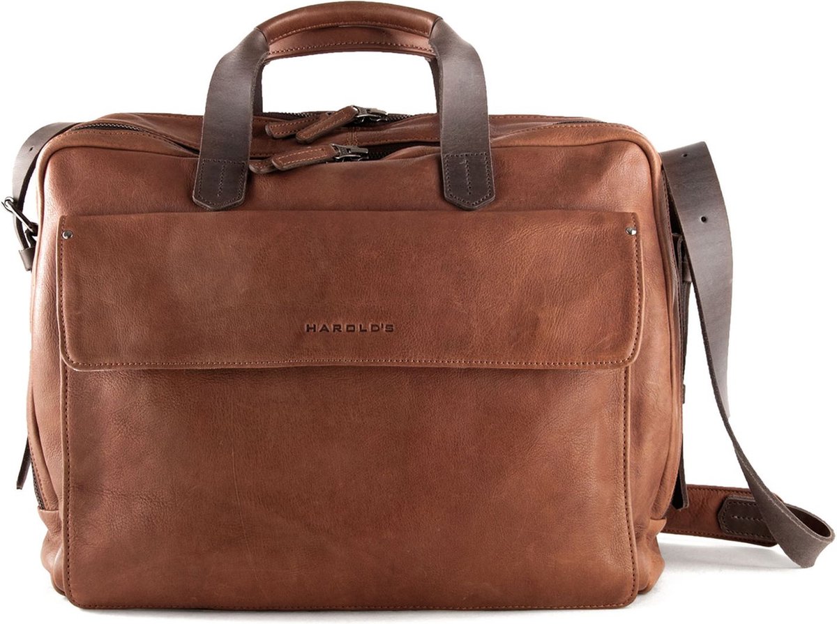HAROLD'S Leren Business tas Schoudertas met laptopvak Ivy Lane Notebook Businessbag Cognac Bruine