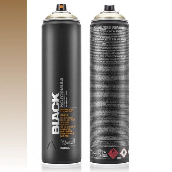 Aérosol noir avec "BLACK NC FORMULA" et "MONTANA BLACK 4730 NETO 600 ML" sur le devant. Bouchon doré.