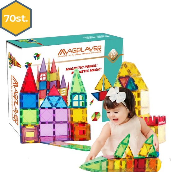MAGPLAYER- Magnetisch Speelgoed – 70 stuks - Constructie speelgoed - Magnetische tegels - Montessori speelgoed - Magnetic toys - Magnetische bouwstenen - Speelgoed Kinderen