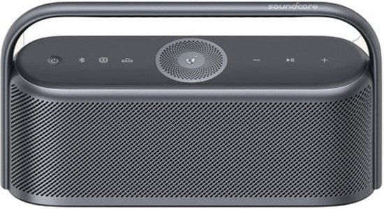 Zwarte Soundcore Motion X600 Bluetooth speaker met een metalen handvat en een rooster aan de voorkant. Het Soundcore logo is zichtbaar aan de bovenkant.