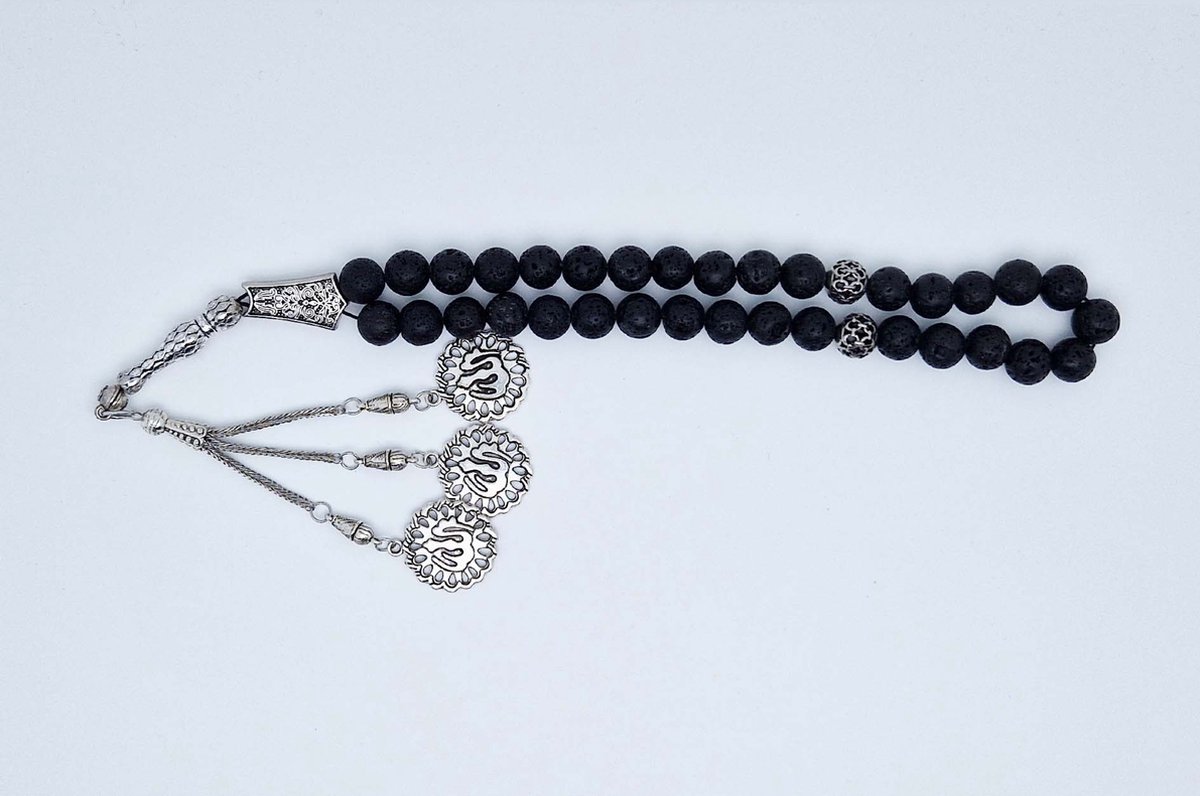 Handgemaakte tesbih "tasbih" natuursteen " Lava Donker " - Aantal kralen 33 - Diameter kralen 10 MM - met metaal tassel "model 3" - Een mooi cadeau-idee