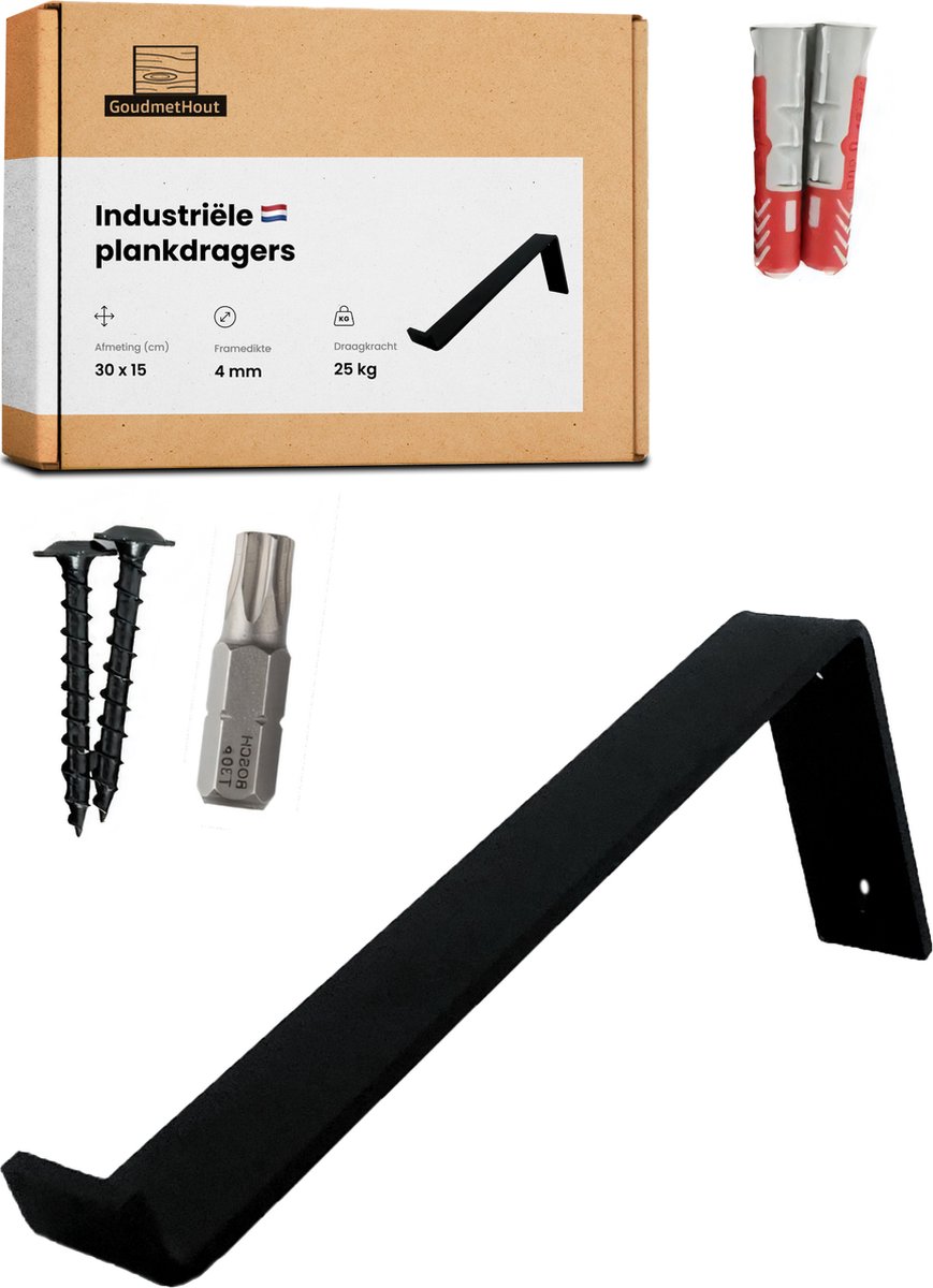 GoudmetHout® Industriële Plankdragers L-vorm - 30 cm - Stalen Plankdrager voor Wandschap, Muurrek of Wandconsole - Max 25 kg - 1 stuk - Mat Zwart