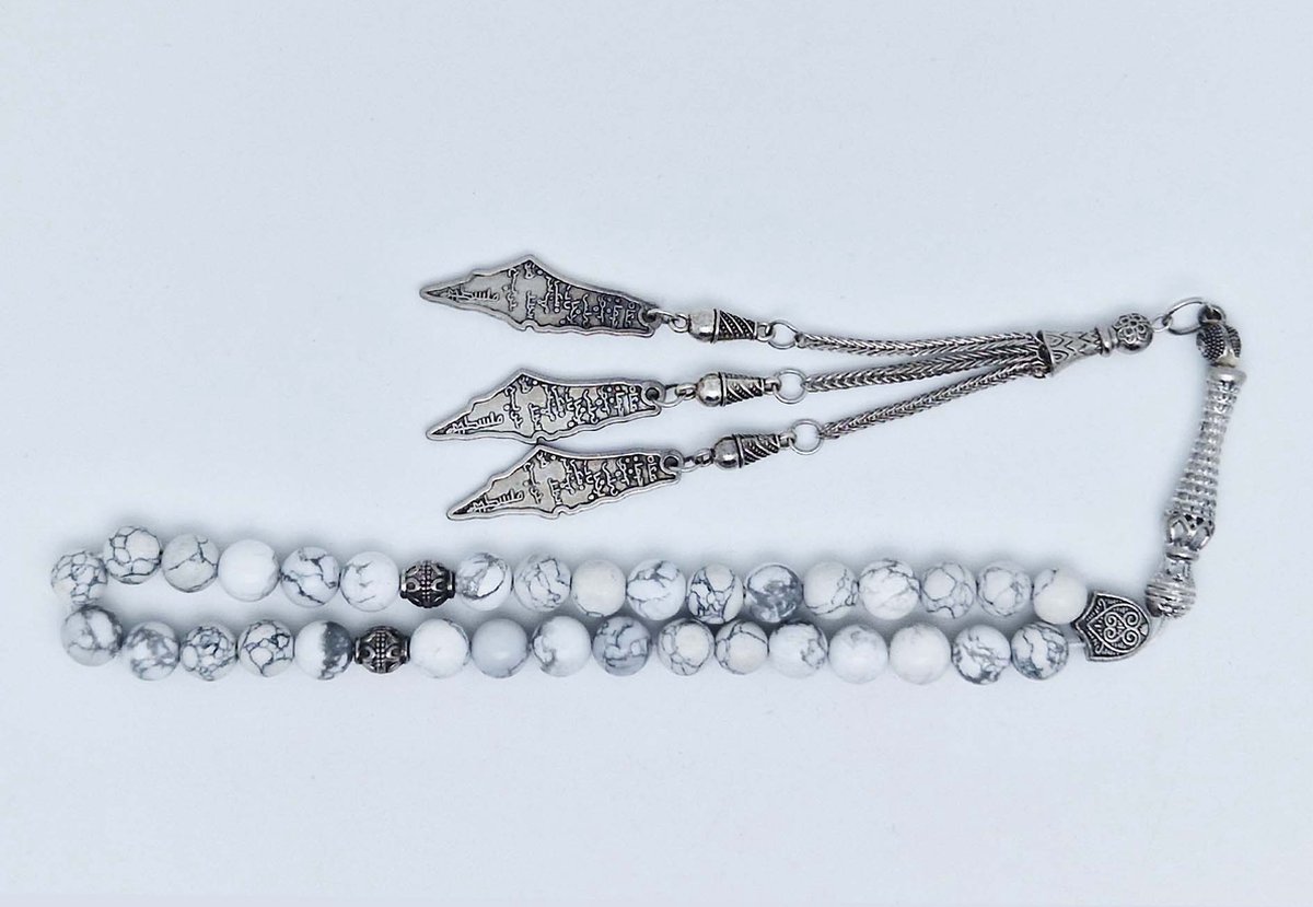 Handgemaakte tesbih klassiek - "Tasbih" natuursteen " Howlite Wit" - Aantal kralen 33 - Diameter kralen 8 MM - met metaal tassel "Palestina" - Een mooi cadeau-idee