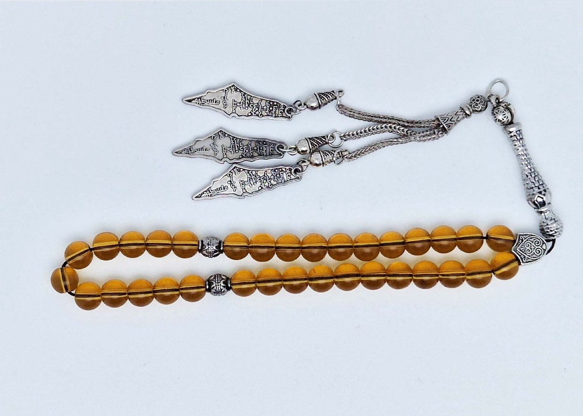 Handgemaakte tesbih klassiek - "Tasbih" natuursteen " Citrine " - Aantal kralen 33 - Diameter kralen 8 MM - met metaal tassel "Palestina" - Een mooi cadeau-idee