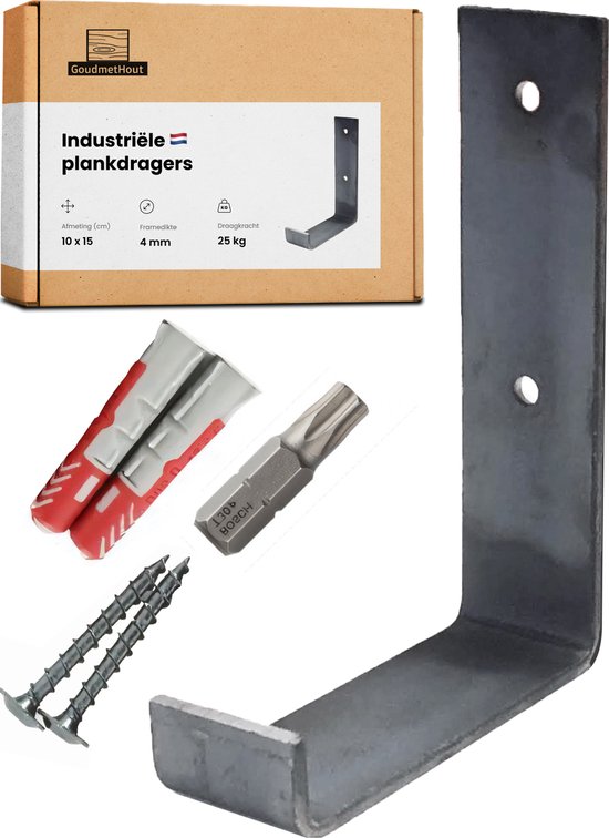 GoudmetHout Support d'étagère industriel en forme de L jusqu'à 10 cm - Par pièce - Acier - Sans revêtement - 4 cm x 10 cm x 15 cm