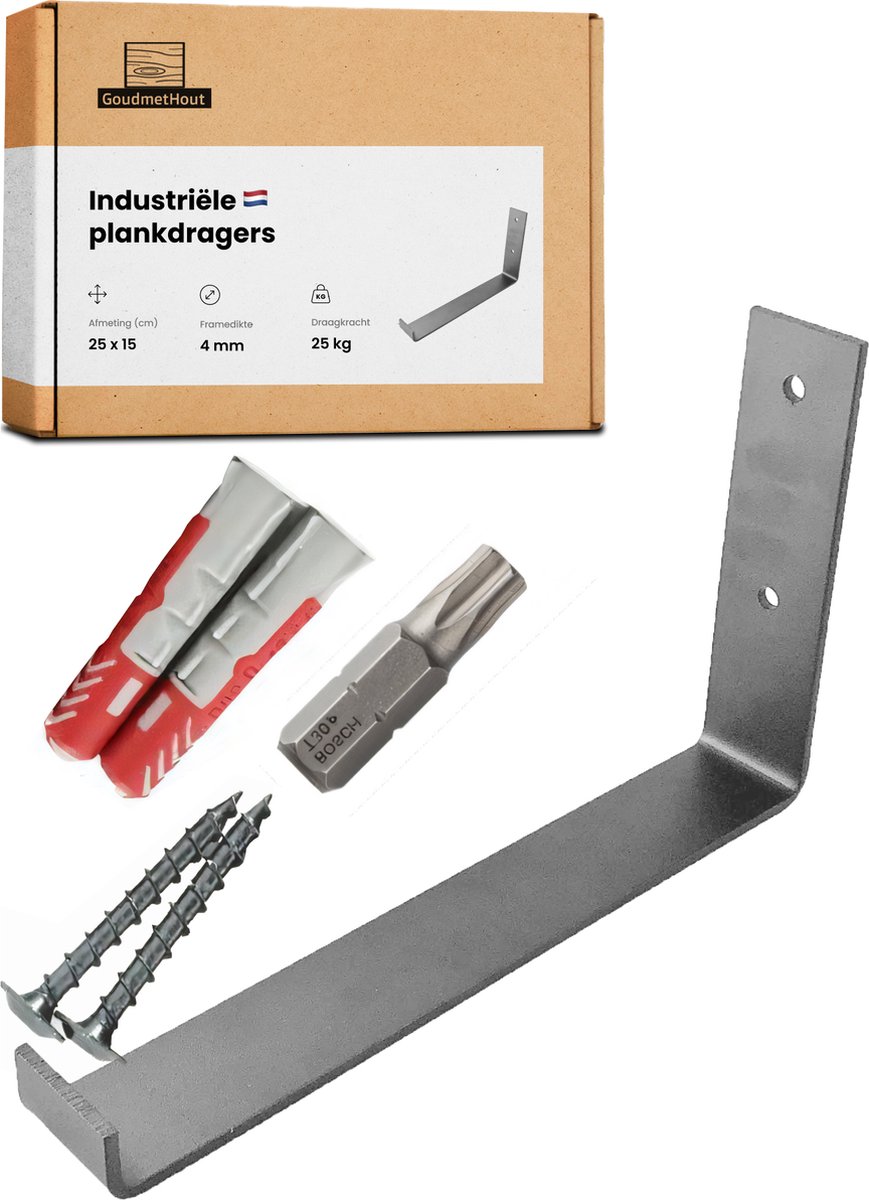 GoudmetHout® Industriële Plankdragers L-vorm UP - 25 cm - Stalen Plankdrager voor Wandschap, Muurrek of Wandconsole - Max 25 kg - 1 stuk - Zonder Coating