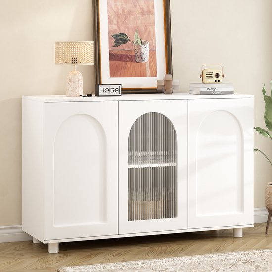 Hoogglans dressoir met 4 deuren, 2 lades en één vak - 150 x 40 x 80 cm - Spaanplaat - Wit en goud