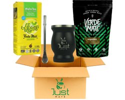 Yerba Mate Startersset Modern - 2x 500g Maté, RVS Kalebas (beker) + Traditionele Bombilla - Keuze uit 3 Smaken en 4 Kleuren (Biologisch, Zwart)