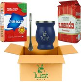 Yerba Mate Starter Set Modern – 2 Costumes de 500 g, tasse à Thee Mate en acier inoxydable + Bombilla traditionnelle – Choix de 3 saveurs et 3 couleurs (tradicional, Blauw)