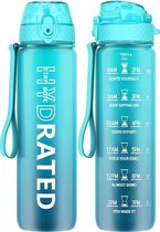 BOTC Waterfles - 1000ml - BPA vrij - Tritan - Waterfles met Rietje - Waterfles met tijdmarkering - Blauw