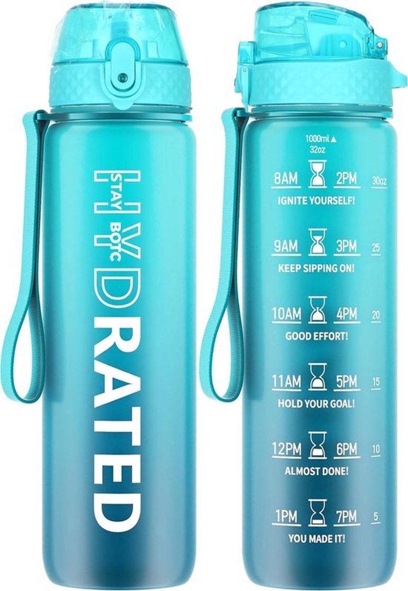 BOTC Waterfles - 1000ml - BPA vrij - Tritan - Waterfles met tijdmarkering - Zwart