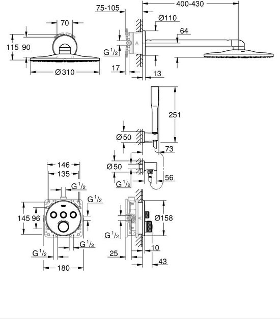 Technische tekening van een douchekop met regenfunctie en inbouwkraan.