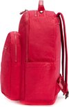 Côté d'un sac à dos Kipling rouge avec poches avant, fermetures éclair et poche latérale.
