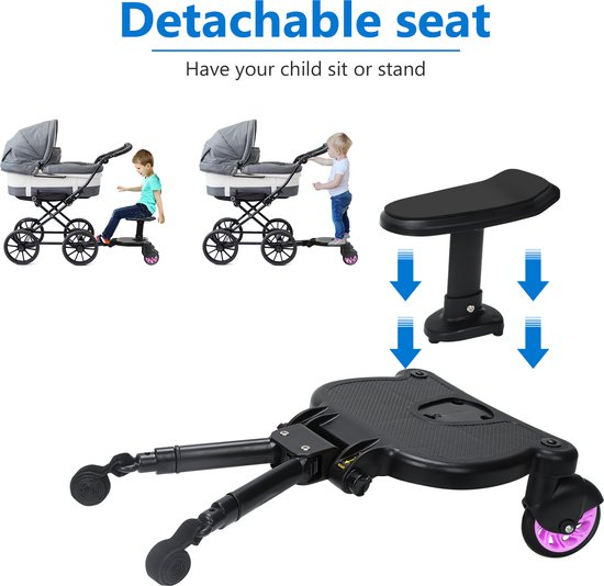 Meerijdplankje Universeel - voor Kinderwagen - Meerijdplankje met zitje voor aan de kinderwagen of buggy - Dubbele stevige wielen - Extra stabiel - Verstelbaar - Roze van $ — afbeelding 3