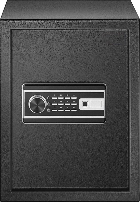 Zwarte kluis met digitaal toetsenbord en sleutelgat.