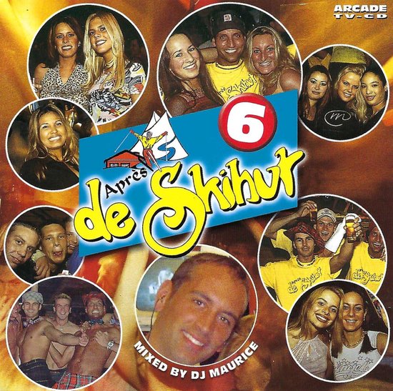 CD-hoes met collage van foto's van feestvierende mensen, sommige met een bierpul. Titel "Apres de Skihut 6" centraal.