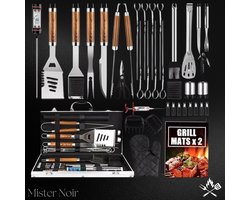 Mister Noir® 38-delige BBQ Accessoires Set – Luxe RVS Gereedschap met Compacte Koffer – Inclusief Grillmatten, Barbecue Tang, Vleesthermometer, Spatel & Borstel – Perfect Cadeau voor Vaderdag