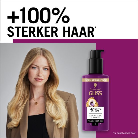 Model met lang blond haar, naast een paarse fles Gliss Lenghts Filler. Tekst: "+100% sterker haar".