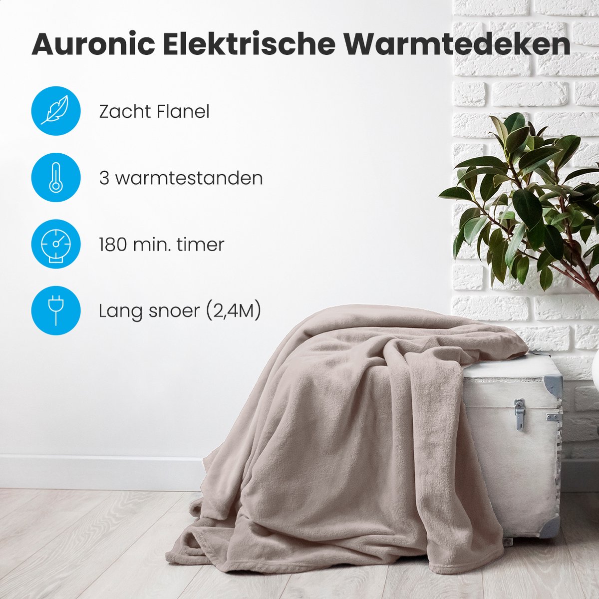 Afbeelding 2 van Auronic Elektrische Deken - Warmtedeken - 3 Warmtestanden - 2 Persoons - Bovendeken - Met Timer - 200 x 180 cm - Taupe