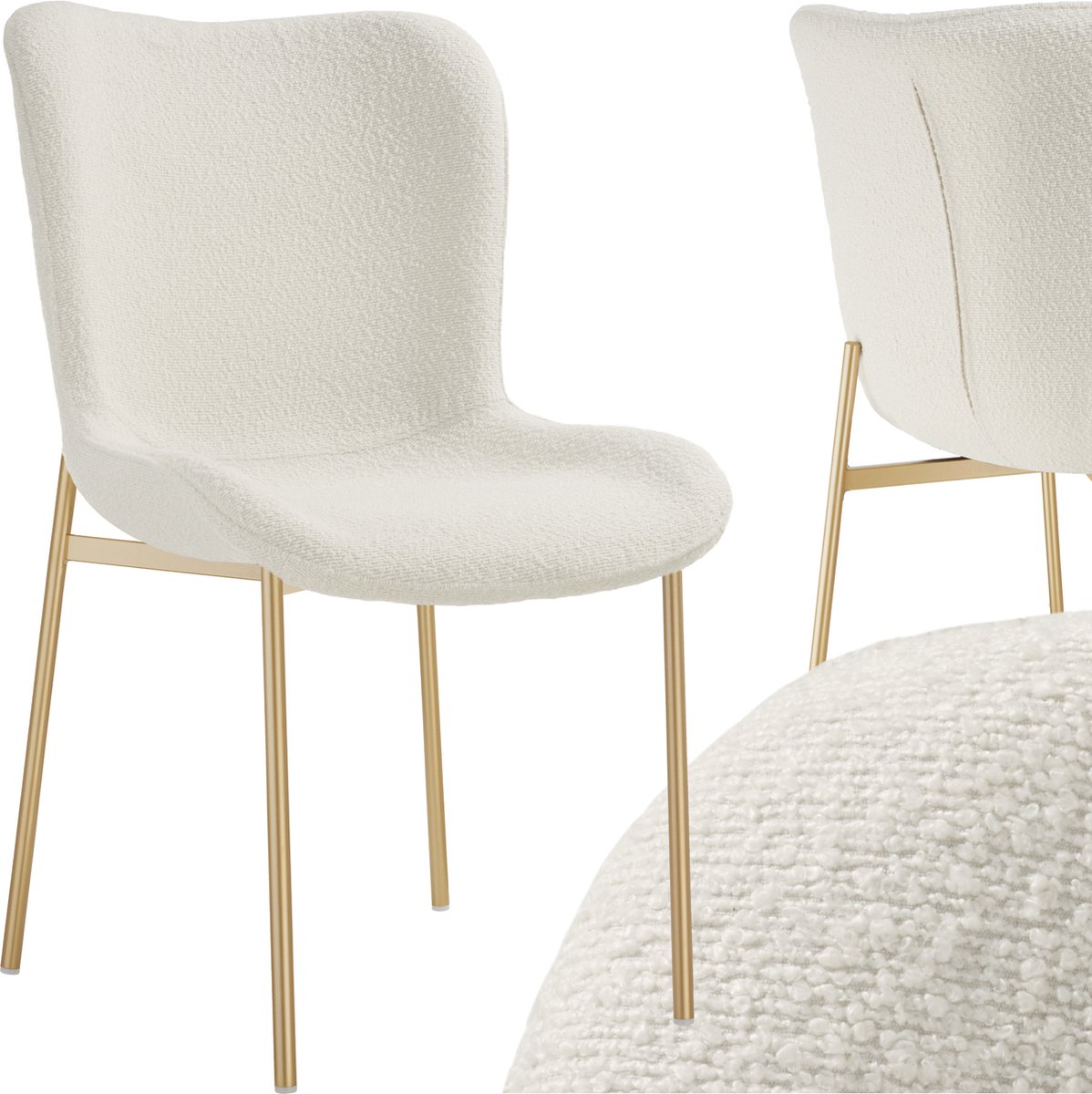 tectake® Gestoffeerde stoel - Eetkamerstoel - Bouclé stof - Ergonomische vorm - Hoge rugleuning - Draagkracht 120 kg - Diverse kleuren - Wit/goud