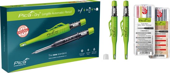 Pica-Dry Longlife Automatic Pencil set met twee markeerstiften en navullingen in verpakking.