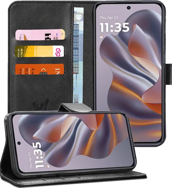 Étui de téléphone noir ouvert avec le téléphone à l'intérieur et trois compartiments pour cartes et argent.