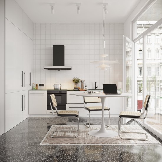 Table de salle à manger ronde moderne Merax – 120 cm – Plateau en quatre parties avec Design grain de bois – Base en métal – Wit