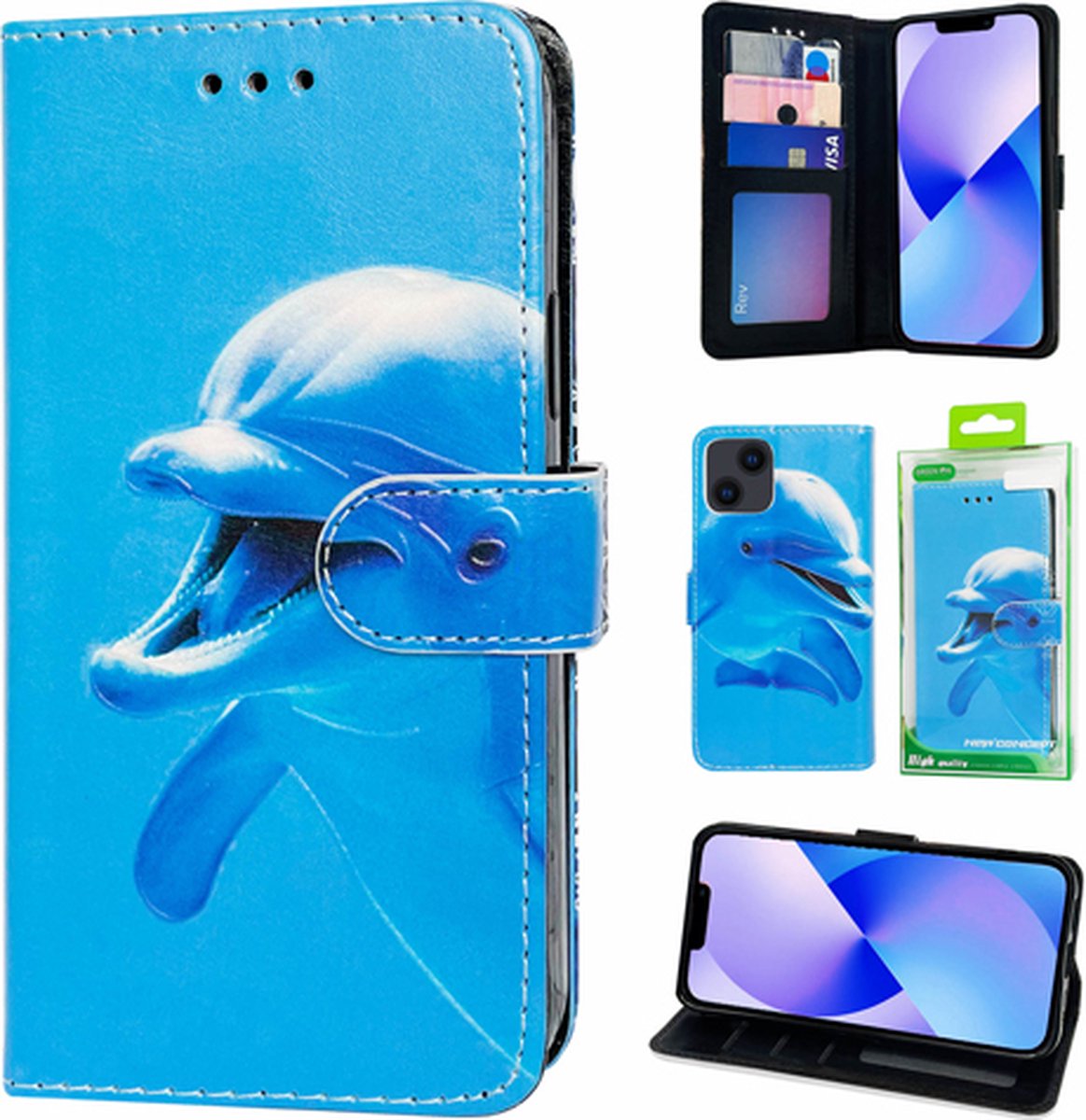 Telefoonhoesjes Geschikt voor iPhone 14 - Bookcase - Dolphijn Print - Ruimte voor 3 pasjes
