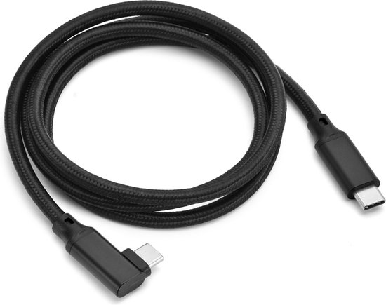 Zwarte, gevlochten USB-C kabel met een rechte en een 90 graden hoekconnector.