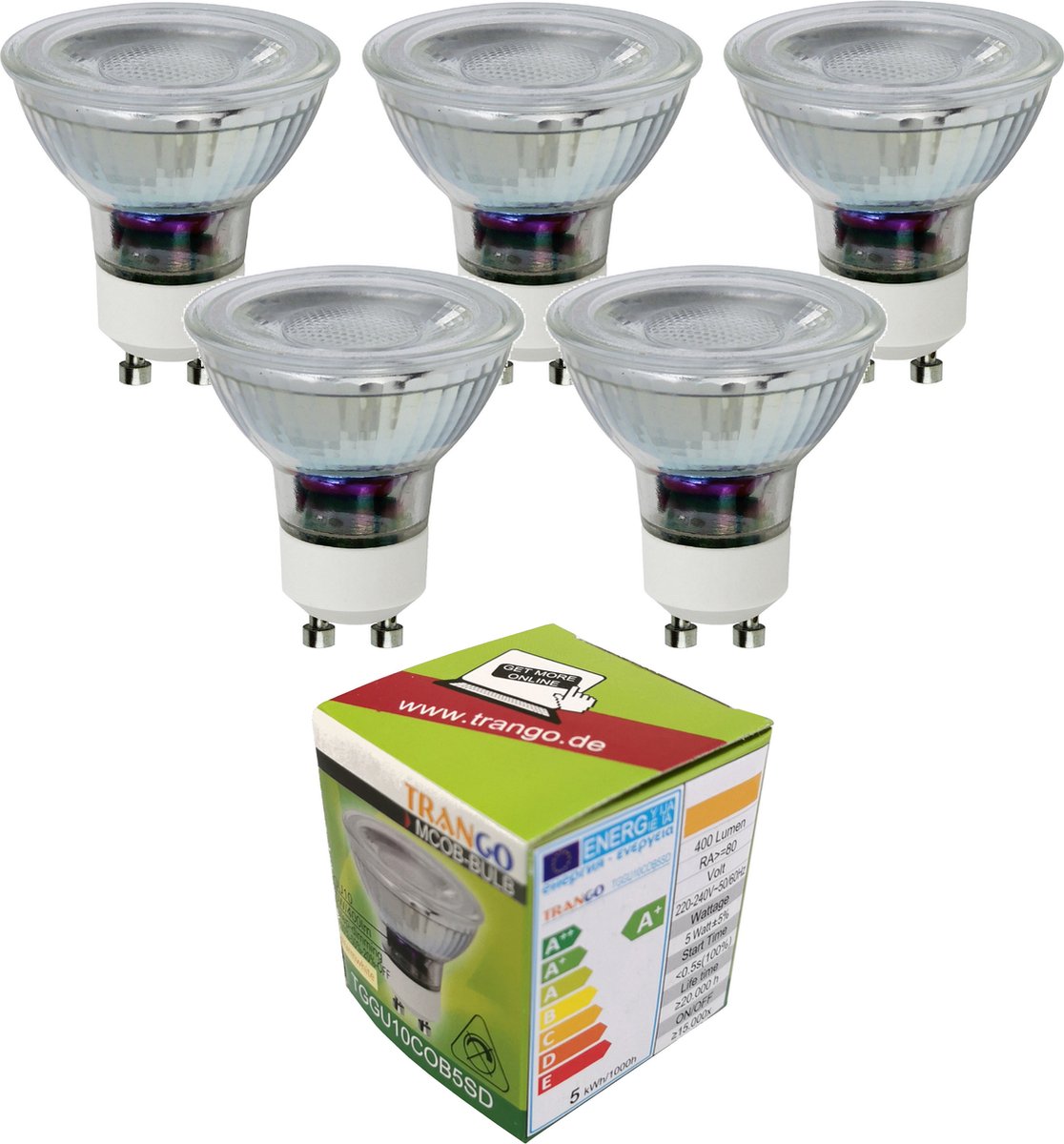 Trango Set van 5 GU10COBSD*5 GU10 LED-lampen 3-traps dimbaar 3000K warm wit voor vervangende GU10 & MR16 halogeenlampen, voor inbouwarmaturen, plafondspots, inbouwspots, plafondlampen, spots