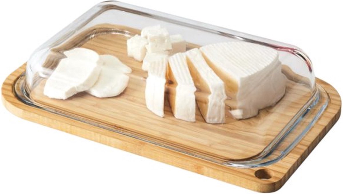 Serveerplank met Stolp – Bamboe Basis en Glazen Deksel – L28 x B17,1 x H5 CM