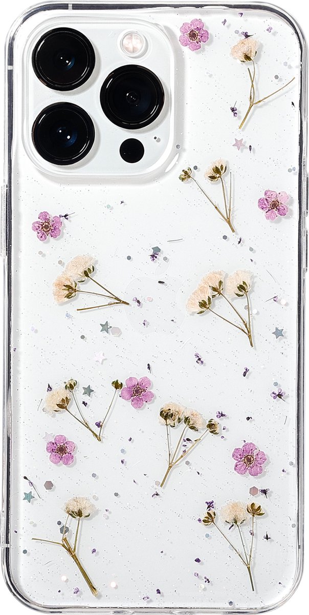 Casies droogbloemen hoesje geschikt voor Apple iPhone 16 Pro - gedroogde bloemen telefoonhoesje - Dried Flower Soft Case TPU - Transparant