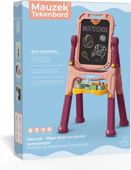 Mauzek® 4-in-1 Tekenbord Roze – Dubbelzijdig Inclusief Krijtjes, Markers, Magneetjes, Houders en Wisser – Magnetisch Whiteboard – Krijtbord – Magneetbord – Schoolbord Kinderen– Educatief speelgoed – Cadeau meisje – 3 jaar – 4 jaar – 5 jaar – 6 jaar