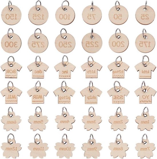 Foto: 36pcs flat round wooden hanger locking stitch markers 23mm long wooden hook stitch marker charms removable locking stitch markers round clothing shape flower shape