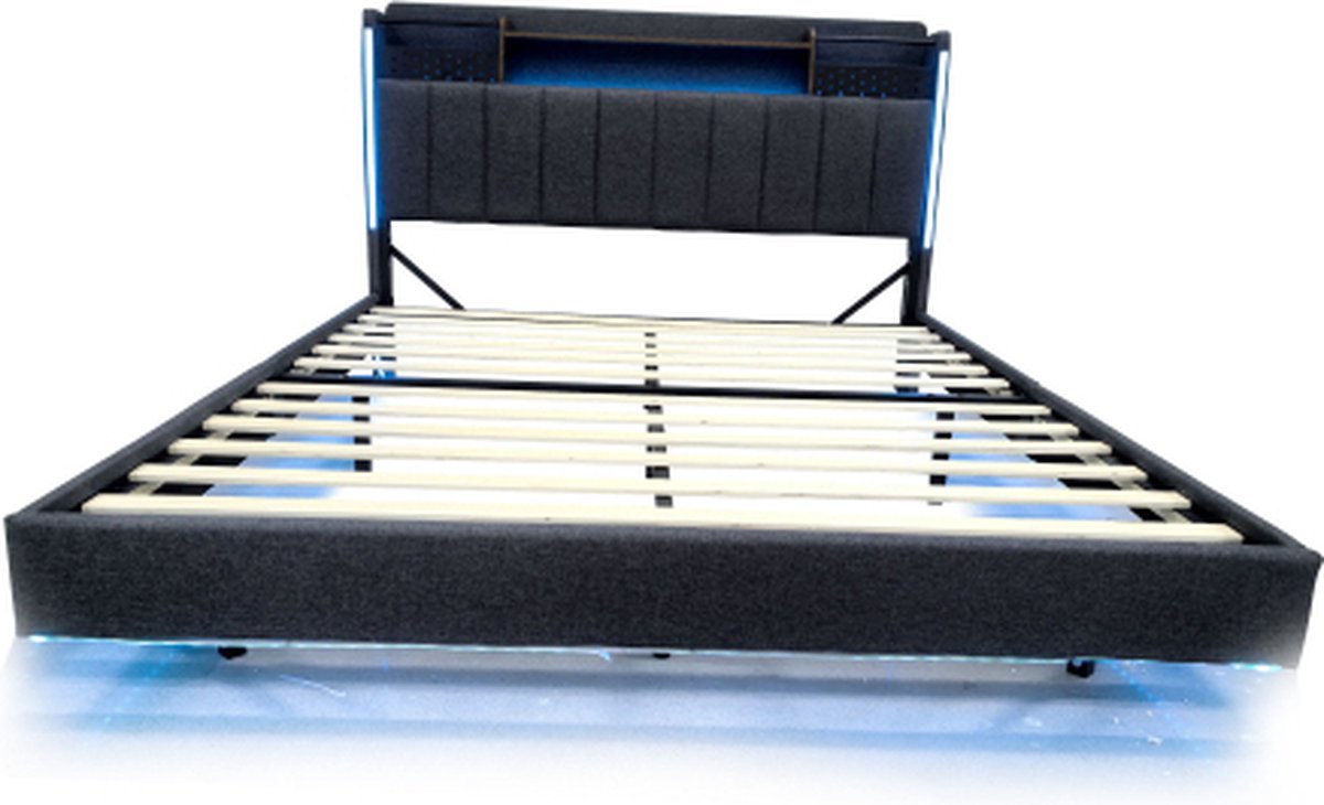 Gotagee Gestoffeerd bed 160x200 met USB-oplader en LED-verlichting, hoofdbord met opbergruimte, zwevend bed, Leinen