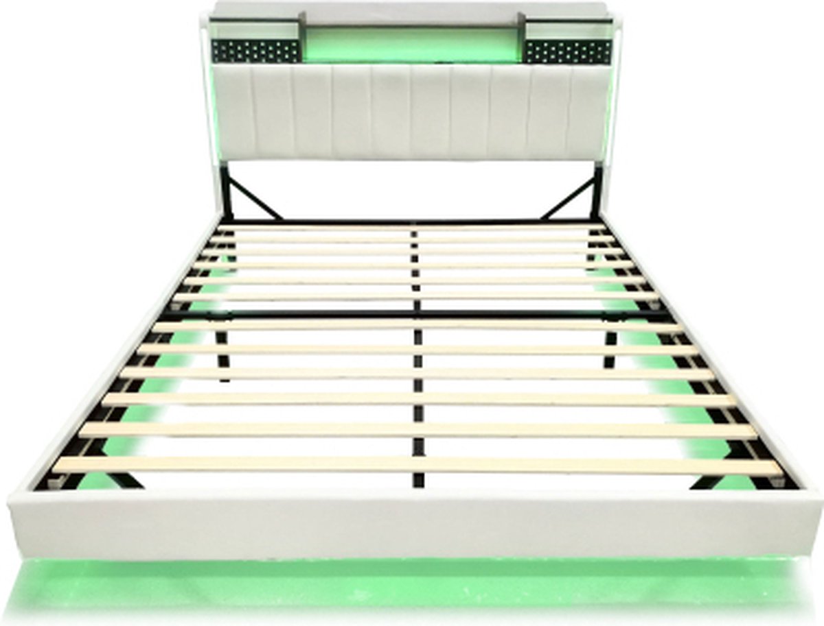 Gotagee Gestoffeerd bed 160x200 met USB-oplader en LED-verlichting, hoofdbord met opbergruimte, zwevend bed, Leinen
