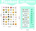 Mintgroen planbord (20x12cm) met takenlijst en stickers (10x15cm). Taken: schoonmaken, boodschappen, wandelen, kattenbak.