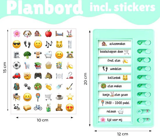 Mintgroen planbord (20x12cm) met takenlijst en stickers (10x15cm). Taken: schoonmaken, boodschappen, wandelen, kattenbak.