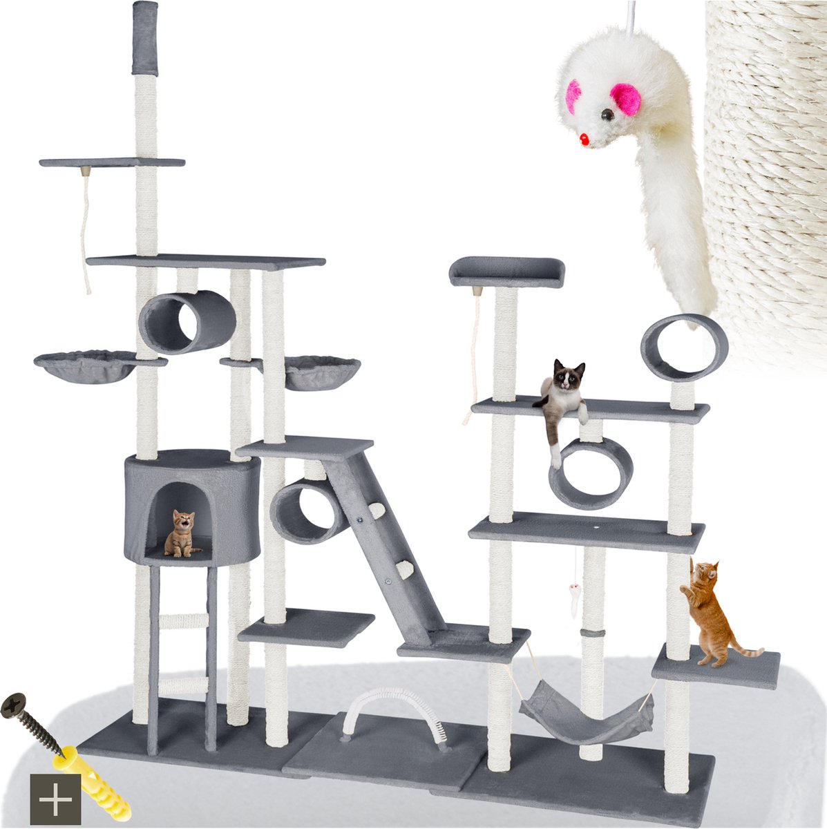 tectake® Grote kattenkrabpaal - Krabpaal met accessoires - Plafondhoog xxl krabpaal - Speeltoren met ligplaatsen, sisal palen, hangmat, kattentrap, tunnels - Wandmontage mogelijk - Afmeting (LxBxH) 218 x 70 x 229,5 cm - 261 cm - Grijs