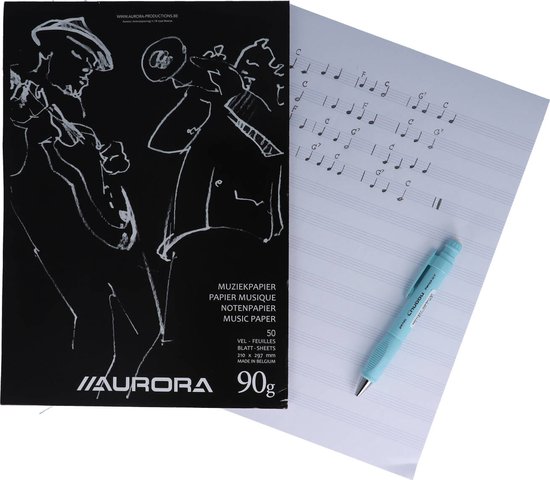 Aurora muziekpapier 90g met jazzafbeelding en een blauwe pen op muziekpapier.